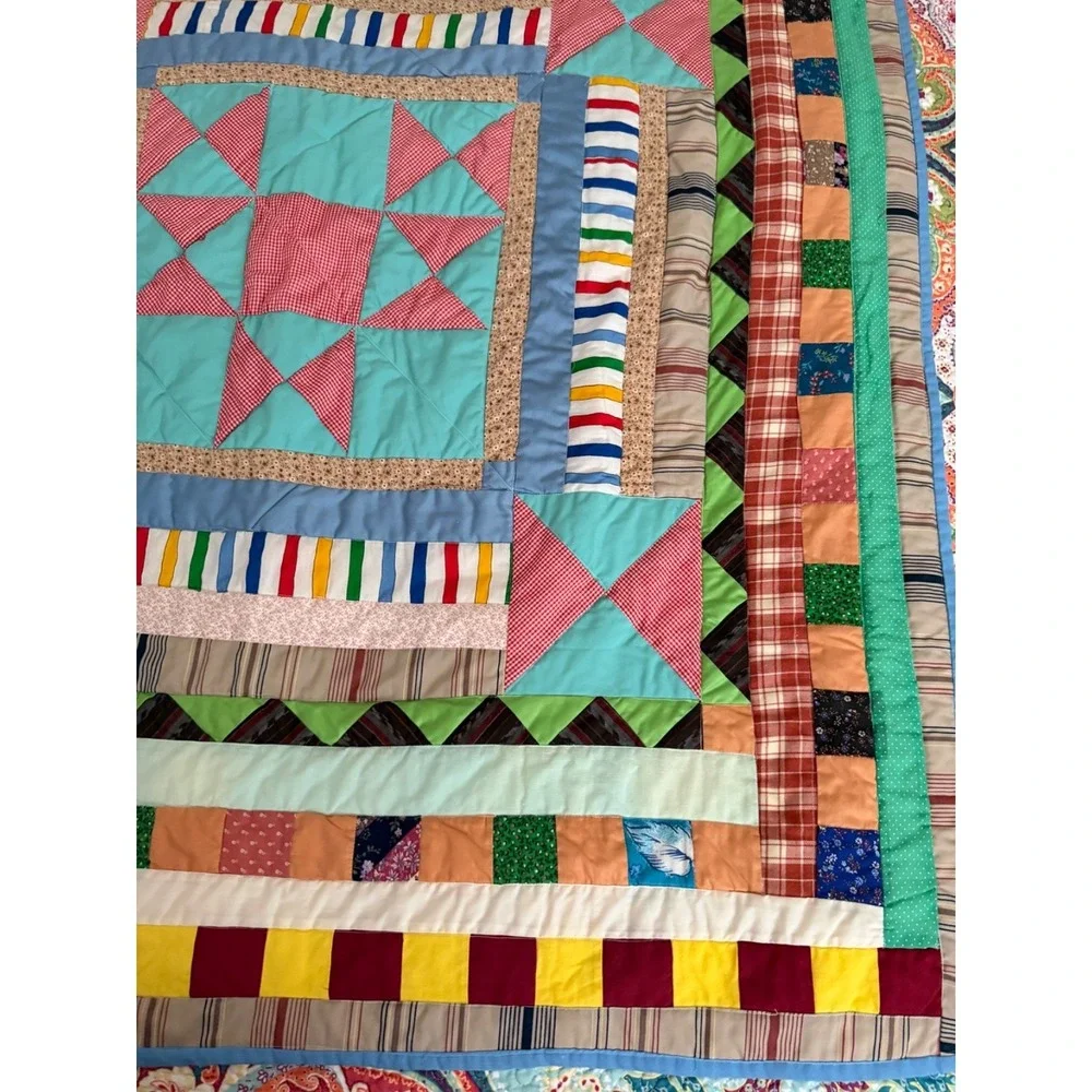 Handmade Patchwork Star Block Quilt 52x56 Throw Blanket Cottage Farmhouse Folk